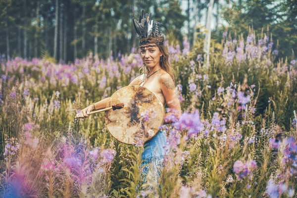 Vacker shamansk flicka spelar på schaman ram trumma i naturen. — Stockfoto