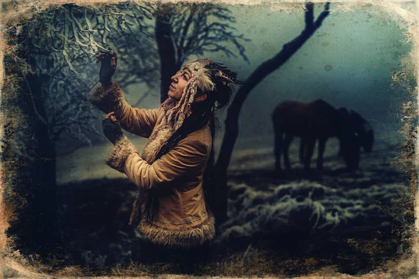 Shaman woman in winter landscape with her horse. — Stock Photo, Image