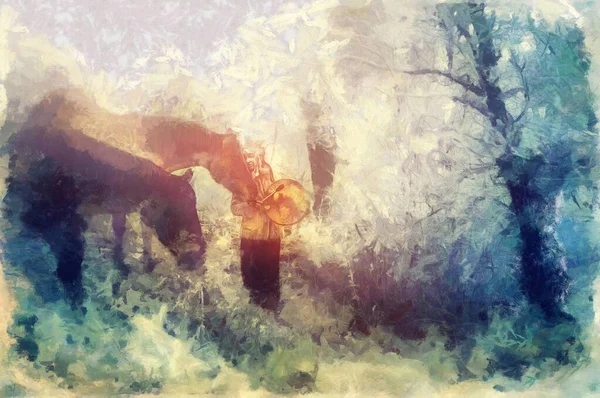 Chamán mujer en el paisaje de invierno con su caballo. Efecto de pintura. — Foto de Stock