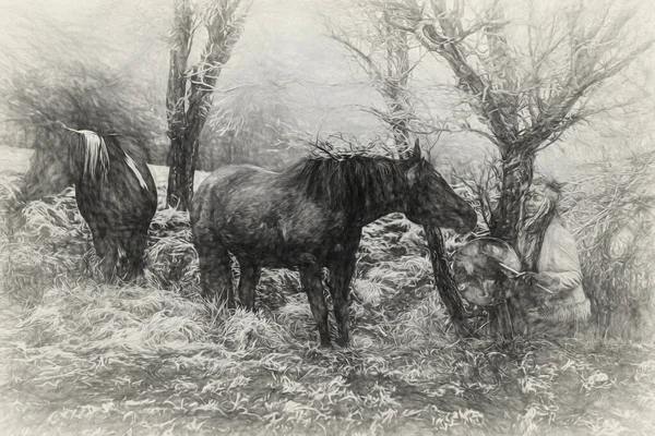 Chamán mujer en el paisaje de invierno con su caballo. Efecto de pintura. — Foto de Stock