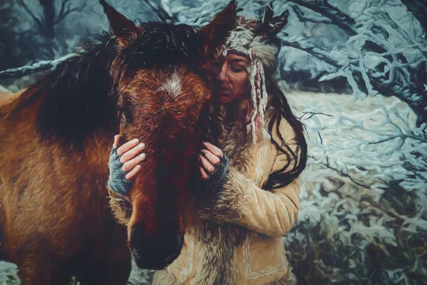 Mulher xamã na paisagem de inverno com seu cavalo. Efeito de pintura. — Fotografia de Stock