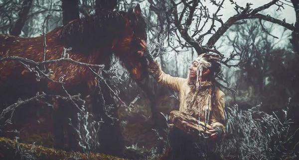 Γυναίκα σαμάνος στο χειμερινό τοπίο με το άλογό της. Εφέ ζωγραφικής. — Φωτογραφία Αρχείου