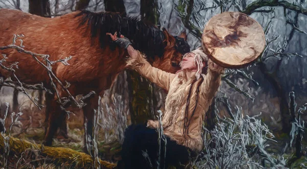 Chamán mujer en invierno paisaje con su caballo. —  Fotos de Stock