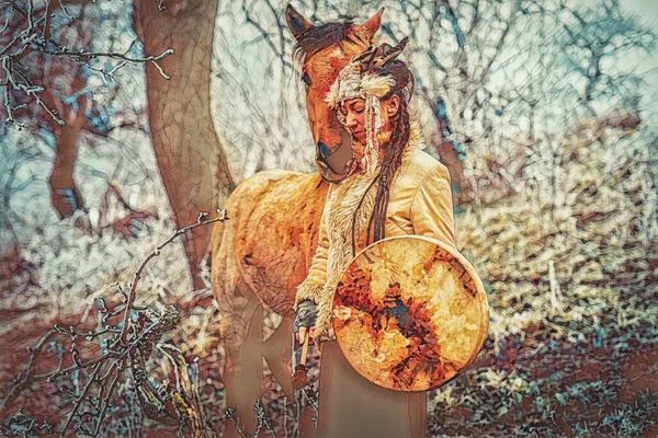 Shaman woman in winter landscape with her horse and mosaic structure. — Stock Photo, Image