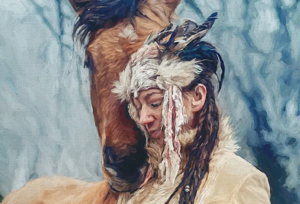 Shaman kvinna i vinterlandskapet med sin häst. Målningseffekt. — Stockfoto