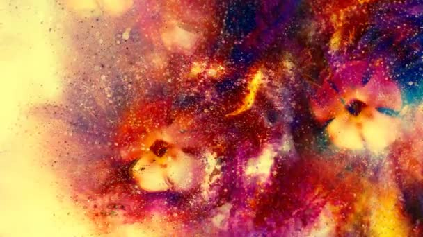 Espacio cósmico con flores, fondo de galaxia de color, collage informático. — Vídeo de stock
