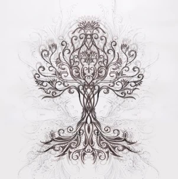 Lebensbaum-Symbol auf strukturiertem ornamentalem Hintergrund, Yggdrasil. — Stockvideo