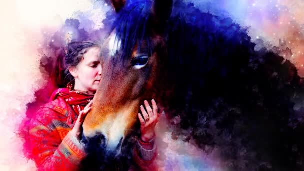 Un cavallo adorabile e una ragazza, una ragazza che abbraccia un cavallo. Ritratto donna e cavallo e delicatamente sfocato acquerello sfondo. — Video Stock