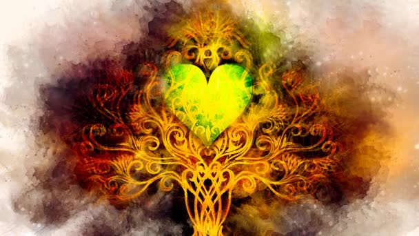 Strom života symbol na strukturovaném ornamentálním pozadí s tvarem srdce, květ života vzor, yggdrasil. — Stock video