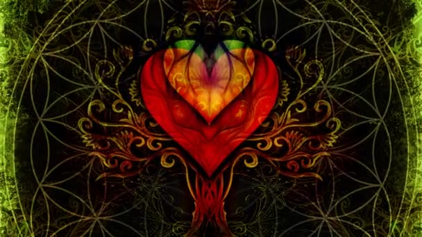 Albero della vita simbolo su sfondo ornamentale strutturato a forma di cuore, fiore del modello di vita, yggdrasil. — Video Stock
