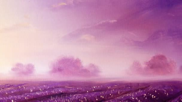 Ladang lavender ajaib saat fajar, cat minyak di atas kanvas. — Stok Video