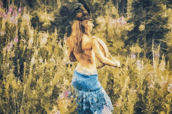 Şaman çerçeveli davul çalan güzel bir şaman kız.. — Stok fotoğraf