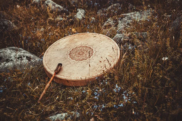 Shamanic drum in nature, shamanic drum made of deer goat. — Stock Photo, Image