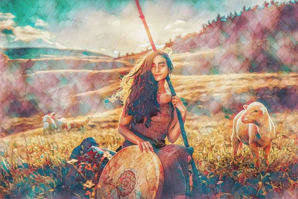 Beautiful shamanic girl playing on shaman frame drum in the nature and mosaic structure — Stock Photo, Image