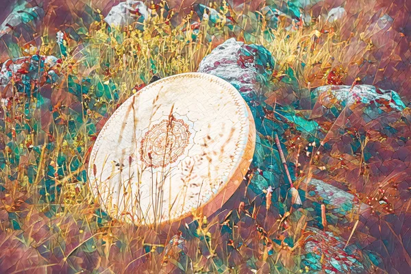 Tambor chamánico en la naturaleza, tambor chamánico hecho de cabra de ciervo y estructura de mosaico. —  Fotos de Stock