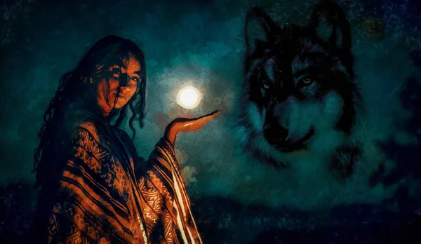 Piękna kobieta i wilk na księżycu. — Zdjęcie stockowe