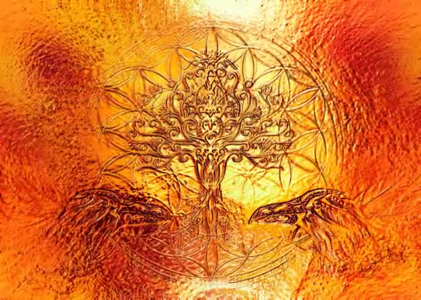 生命の木と生命のシンボルの神聖な幾何学の花とレイブンスのペア. — ストック動画
