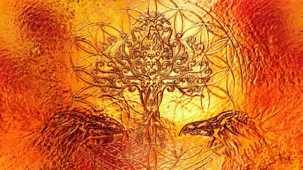 Coppia di corvi con albero della vita e geometria sacra fiore della vita simbolo. — Video Stock