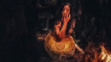Şaman çerçeveli davul çalan güzel bir şaman kız. Resim efekti.
