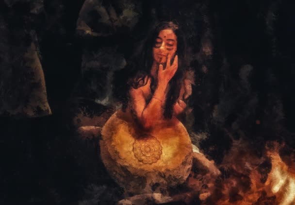 Красивая шаманская девушка, играющая на шаманском барабане в природе. Эффект живописи. — стоковое видео