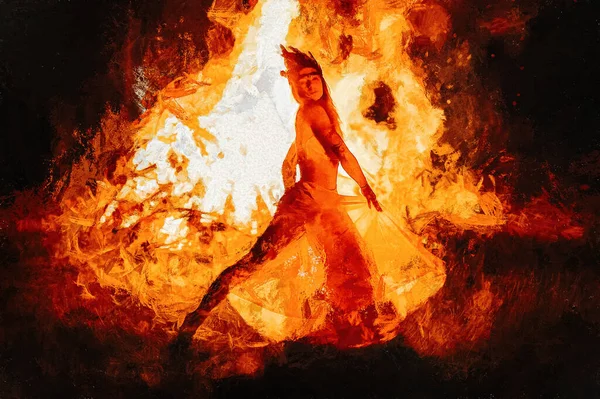 Krásná šamanská žena tančící u ohně. Malířský efekt. — Stock fotografie