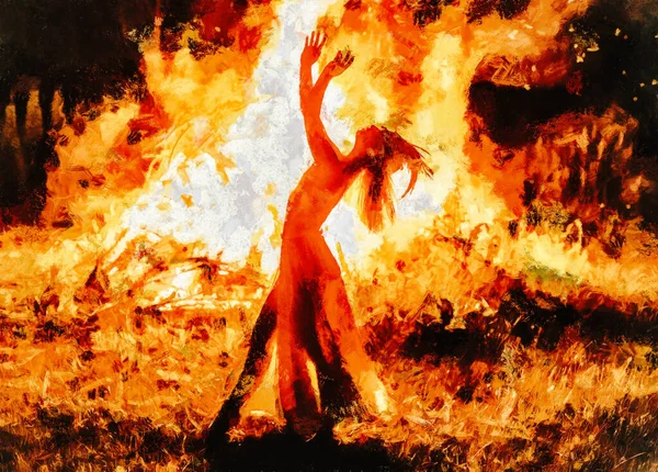 Bellissima donna sciamanica che balla vicino al fuoco. Effetto pittura. — Foto Stock