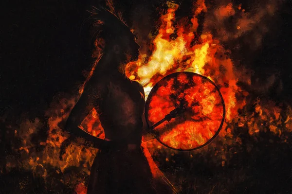 Beautiful shamanic girl playing on shaman frame drum in the nature. Painting effect. — Stock Photo, Image