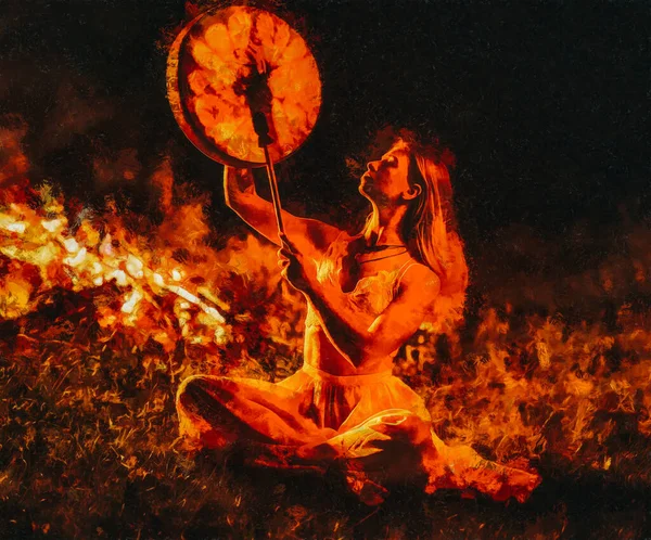 Gadis shamanic yang cantik bermain di drum shaman di alam. Efek cat. — Stok Foto