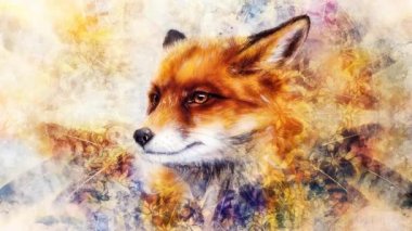 Kağıt üzerinde vahşi tilki resmi. Kenarlıkta süslemeli arkaplan.