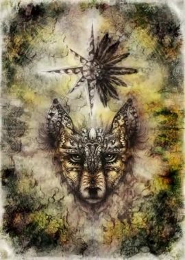 Süslü kurt resmi, kutsal hayvan ve tüylü süs yıldızı..