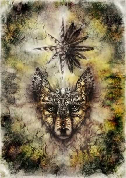 Pintura ornamental de lobo, animal sagrado e estrela ornamental com penas. — Vídeo de Stock