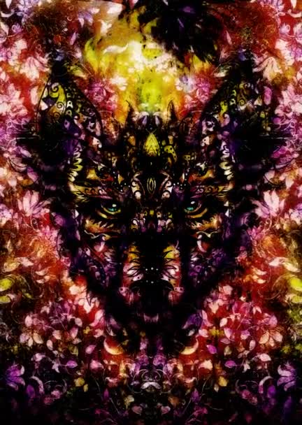 Ornamental painting of wolf, sacred animal, eye contct. — Stock Video