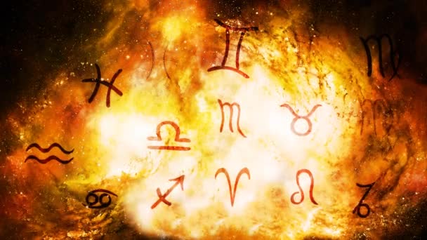 Kézzel rajzolt horoszkóp asztrológiai szimbólumok kozmikus térben. — Stock videók