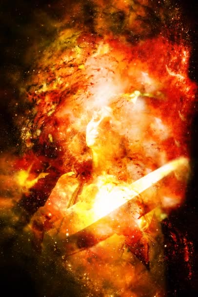 Шаманская девушка с барабаном на абстрактном структурированном космическом фоне. Огненный элемент. — стоковое видео