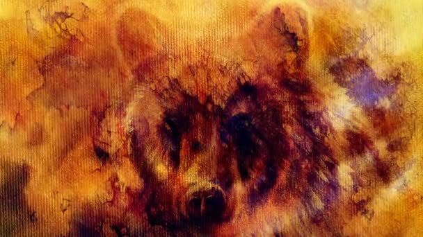 Head of mighty brown bear, oil painting on canvas and graphic collage. Eye contact. — Stock Video