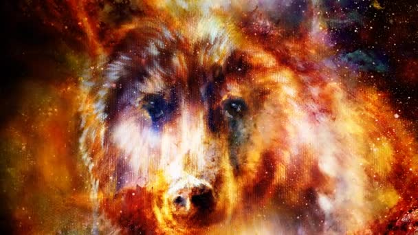 Zauberhafter Weltraumwolf, mehrfarbige Computergrafik-Collage — Stockvideo