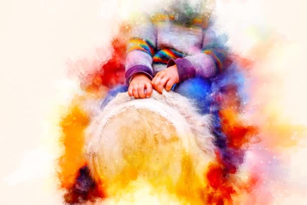 Enfant jouant un tambour djembe avec des caractéristiques naturelles de fourrure de chèvre et un arrière-plan d'aquarelle doucement flou. — Video