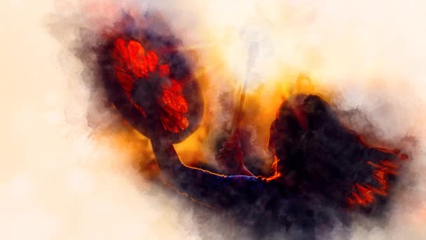 Shamanic girl with frame drum on abstract structured background. — Stock Video