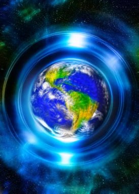 Dünya gezegeni ışık çemberinde, kozmik uzay arka planında. Bilgisayar kolajı. Dünya konsepti. Bu görüntünün elementleri NASA tarafından desteklenmektedir.