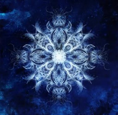 Süslü mandala. Orijinal el çizimi ve bilgisayar kolajı. Mavi renkli yapı. Kış etkisi.