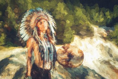 Şaman çerçeveli davul çalan güzel bir şaman kız. Resim efekti.