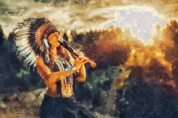 Beautiful shamanic girl playing on shaman flute in the nature. Painting effect. — Stock Photo, Image
