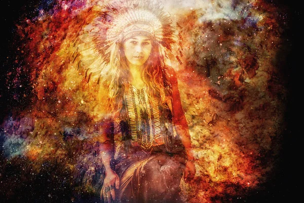 Beautiful shamanic girl on abstract structured space background. — Stock Photo, Image