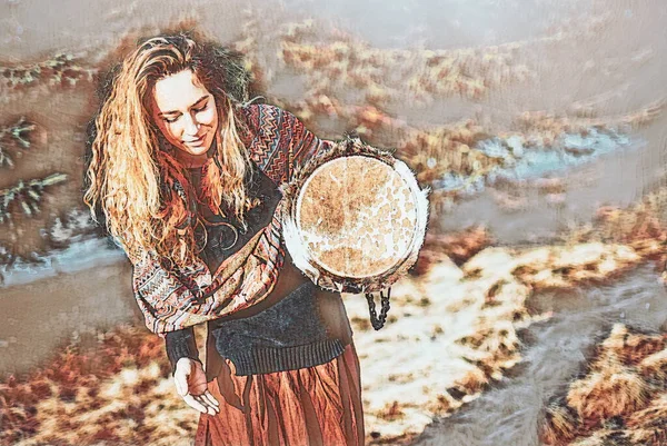 Detail shamanic girl playing on drum in the nature.. Painting effect. — Stock Photo, Image