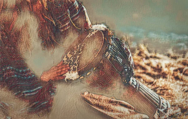 Detail shamanic girl playing on drum in the nature.. Painting effect. — Stock Photo, Image