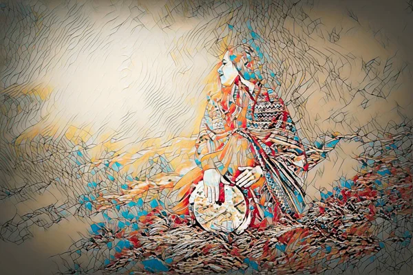 Detail šamanské dívka hraje na šaman rám buben v přírodě.. Malba efekt. — Stock fotografie