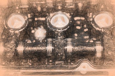 Moor kömürleşme, parçalanmış araba motoru detayı, sanat efekti.