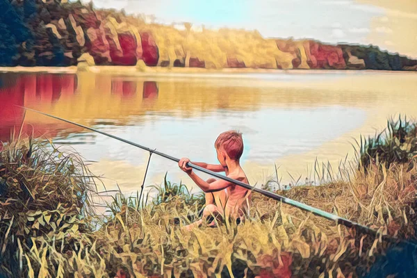 Small child by the river and hunting fishes on a summer evening. Painting effect. — Stock Photo, Image