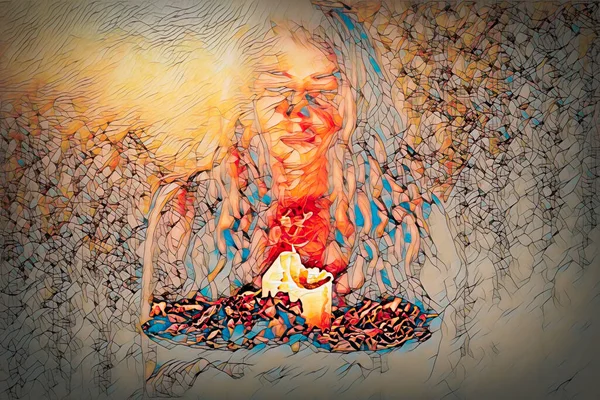 Bir kadının elinde tütsü, siyah arka planda tütsü dumanı ve mozaik yapı. — Stok fotoğraf