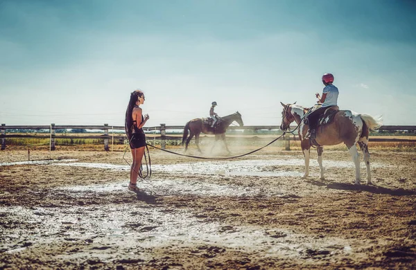 Mädchen trainiert Pferd an einem schönen Sommertag. — Stockfoto